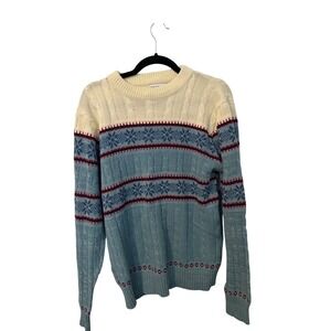 Trent Vintage Fair Isle Cable Knit Sweater Mens Large Blue White Snowflake Retro